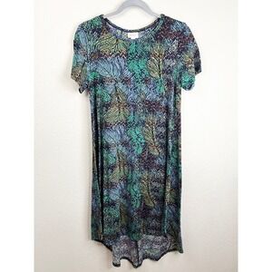 Lularoe Carly Dress Women's XS Hi-Lo Short Sleeve Feather Print Casual Comfort